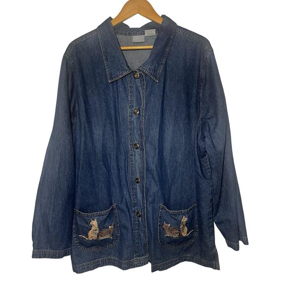 Blair Denim Jacket Womens 2XL Blue Cat Embroidered Pockets Casual Button Up - Picture 1 of 12